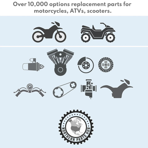 Silhouette of various vehicle parts and icons representing motorcycles, ATVs, and scooters with text 'Over 10,000 options replacement parts.'