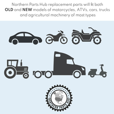 Illustration of vehicles for Northern Parts Hub, including car, motorcycle, ATV, tractor, and truck, highlighting compatibility with various modes.