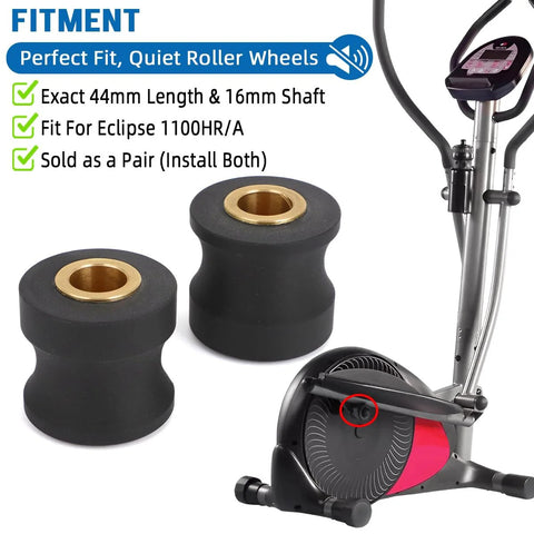 Replacement Roller Wheels For Eclipse 1100HR A Elliptical Pair With Enhanced PU And Spiral Grooved Bronze Bushing For Quiet, Long Lasting Operation, Direct Fit Upgrade For Eclipse Machines, High Durability Exercise Machine Parts That Are Totally Worth It, showing elliptical fitment with roller wheels in focus
