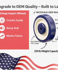 Universal Replacement Shopping Cart Wheel 5 Inch By 1.25 Inch Blue And Tan Crown TPU Tread With Dual 5 16th Precision Bearings 250 Lb Capacity Made In USA Direct OEM Style Replacement For Most Grocery Carts