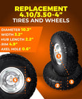 2 Pack 10 Inch Solid Rubber Tire Wheels, 4.10/3.50-4 Flat Free Replacement Tires with 5/8 Inch Bearings, highlighting measurements