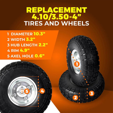 2 Pack 10 Inch Solid Rubber Tire Wheels, 4.10/3.50-4 Flat Free Replacement Tires with 5/8 Inch Bearings, highlighting measurements