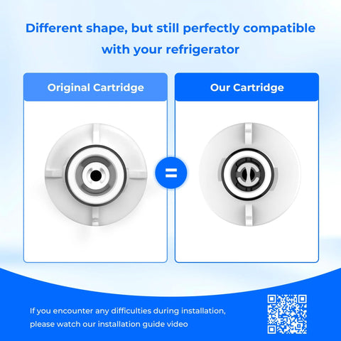 Comparison of original and replacement LT1000PC water filter cartridges for ThinQ LG refrigerators, showing compatibility in design.