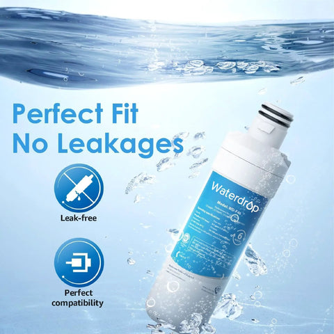 Replacement LT1000PC Water Filter for ThinQ LG Refrigerators submerged in water highlighting leak-free feature