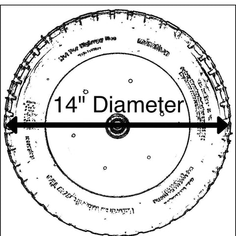 Replacement wheelbarrow wheel air filled 13-inch tread pattern front view with 14-inch diameter measurement