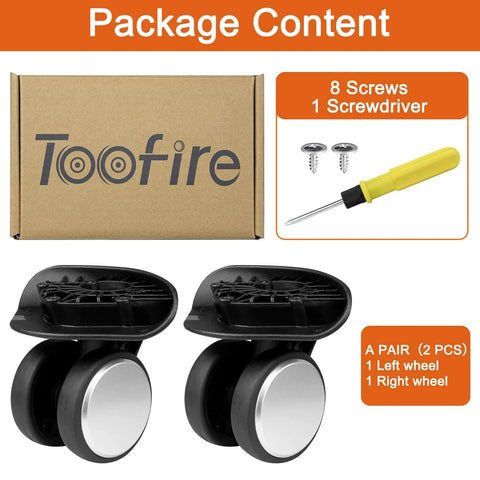 Package of Wheels Replacement Kit for Samsonite Freeform Hardside Carry On Suitcase, includes 2 spinner wheels, screws, and screwdriver.