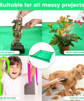 Collage showing uses of the Indoor Plant Repotting Mat For Transplanting And Mess Control, Waterproof 26.8 Inch Square Potting Tray with plants and crafts.