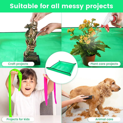 Collage showing uses of the Indoor Plant Repotting Mat For Transplanting And Mess Control, Waterproof 26.8 Inch Square Potting Tray with plants and crafts.