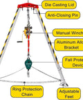 Front view of Heavy Duty Confined Space Rescue Tripod Kit With Fall Arrester Self Locking Winch And Safety Harness Emergency Rescue System For Pipe Repair And Sewer Cleaning 10M Fall Arrestor 1800Lbs Capacity, showing aluminum design and components.