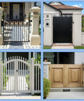 Collage of four types of gates showcasing potential applications of 2 Pack Heavy Duty Spring Loaded Gate Casters With 4 Inch Sliding Wheels.