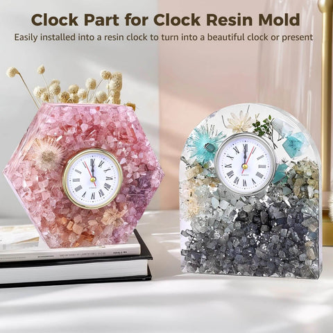 Hexagonal and arched resin clocks with Six Pack Roman Numeral Clock Mechanisms With Battery Powered Quartz Movement In Gold And Silver Finishes.