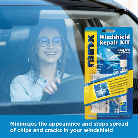 Resin Based Windshield Repair Kit For Chips And Cracks displayed with packaging and tools on car windshield