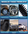 Image showing vehicle issues like abnormal sound, vehicle vibration, strut oil leak, uneven tire wear, long brake distance, and car bounce.