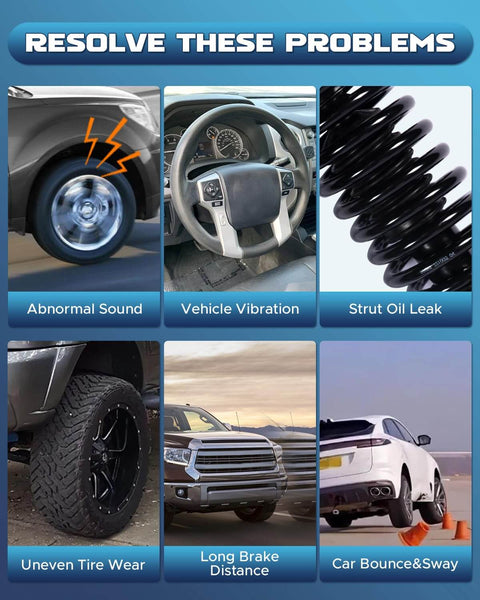Image showing vehicle issues like abnormal sound, vehicle vibration, strut oil leak, uneven tire wear, long brake distance, and car bounce.
