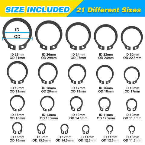 Image showing different sizes of C clip and E clip retaining rings from the All In One C Clip And E Clip Retaining Ring Kit With 800 Pieces.