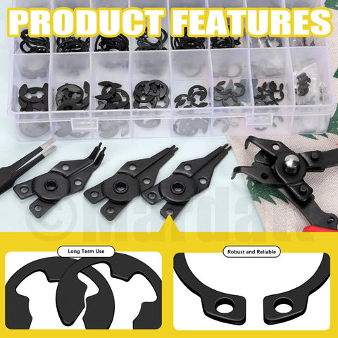 All In One Retaining Rings Kit With 312 Pieces 21 C Clip Sizes 4Mm To 28Mm And 10 E Clip Sizes 1.5Mm To 10Mm Plus 4 In 1 Snap Ring Pliers And Tweezer By Mardatt featuring organized clips in box