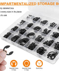 352 Piece Retaining Ring Assortment Kit with E Clips and External C Clips in storage box, 24 sizes, black carbon steel snap rings.