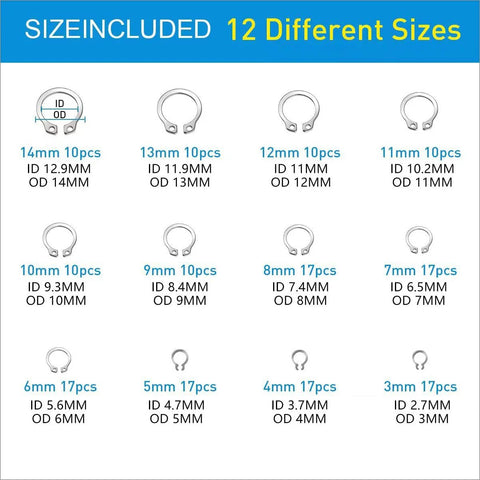 E-clip and C-clip retaining rings assortment kit in stainless steel, 327 pcs, 24 sizes