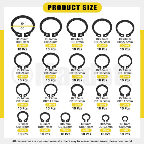 Product size chart of All In One Retaining Rings Kit With 312 Pieces 21 C Clip Sizes 4Mm To 28Mm