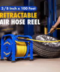 Retractable Air Hose Reel 3/8 Inch By 100 Feet, 300 PSI, Steel Spring Driven Frame, Built To Last Heavy Duty Industrial Hose Reel With Flex Hybrid Polymer Hose, Portable, Durable, Tough As Nails Smooth Retract in use at a garage with a tire