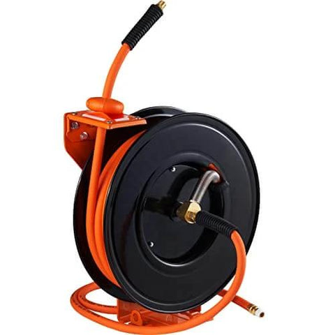 Retractable Air Hose Reel, 3/8 IN x 50 FT Hybrid Air Hose Max 300PSI, Air Compressor Hose Reel with 5 ft Lead in, Ceiling/Wall Mount Heavy Duty Single Arm Steel Reel