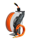 Retractable Air Hose Reel With Three Eighths Inch By Fifty Foot Hybrid Hose Auto Rewind 300 PSI All Weather Flex Ceiling Or Wall Mount Heavy Duty Air Tool For Home Garage Or Workshop. Front view of mounted reel with orange hose and handle.