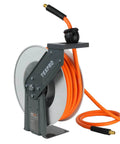 Retractable Air Hose Reel With Three Eighths Inch By Fifty Foot Hybrid Hose Auto Rewind 300 PSI All Weather Flex Ceiling Or Wall Mount Heavy Duty Air Tool