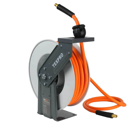 Retractable Air Hose Reel With Three Eighths Inch By Fifty Foot Hybrid Hose Auto Rewind 300 PSI All Weather Flex Ceiling Or Wall Mount Heavy Duty Air Tool