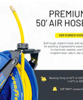 Retractable Air Hose Reel Three-Eighths Inch By 50-Foot Heavy Duty Premium SBR Hose Up To 300 Psi Reinforced Steel Construction