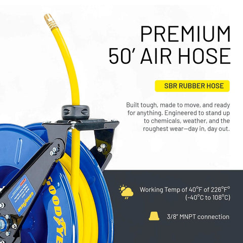 Retractable Air Hose Reel Three-Eighths Inch By 50-Foot Heavy Duty Premium SBR Hose Up To 300 Psi Reinforced Steel Construction