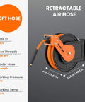 Retractable Three Eighth Inch By Fifty Foot Air Hose Reel With Auto Rewind Hybrid Hose 300 PSI Max Ceiling Or Wall Mount