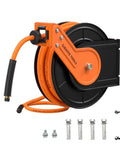 Retractable Air Hose Reel With 180 Degree Swivel Bracket For Ceiling Or Wall Mount Three Eighths Inch By Fifty Foot Hybrid Hose Heavy Duty Industrial Air Compressor Reel With Auto Rewind And 300 PSI Capacity No More Cluttered Hoses.