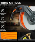 Close-up of Retractable Air Hose Reel With Three Eighths Inch By Fifty Foot Hybrid Hose Auto Rewind 300 PSI All Weather Flex shown mounted