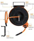 Front view of Retractable Air Hose Reel With 180 Degree Swivel Bracket For Ceiling Or Wall Mount Three Eighths Inch By Fifty Foot Hybrid Hose Heavy Duty Industrial Air Compressor Reel With Auto Rewind And 300 PSI Capacity No More Cluttered Hoses