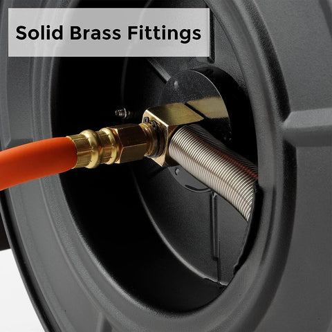 Close-up of Retractable Air Hose Reel With 180 Degree Swivel Bracket For Ceiling Or Wall Mount Three Eighths Inch By Fifty Foot Hybrid Hose