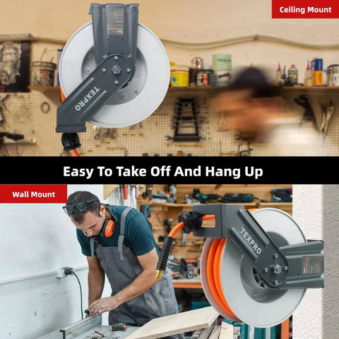 Retractable Air Hose Reel With Three Eighths Inch By Fifty Foot Hybrid Hose Auto Rewind 300 PSI wall and ceiling mount