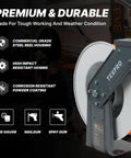 Side view of Retractable Air Hose Reel With Three Eighths Inch By Fifty Foot Hybrid Hose Auto Rewind 300 PSI All Weather Flex Ceiling Or Wall Mount Heavy Duty Air Tool For Home Garage Or Workshop showing reel housing.