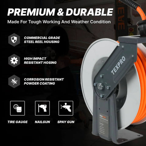 Side view of Retractable Air Hose Reel With Three Eighths Inch By Fifty Foot Hybrid Hose Auto Rewind 300 PSI All Weather Flex Ceiling Or Wall Mount Heavy Duty Air Tool For Home Garage Or Workshop showing reel housing.