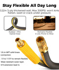 Close-up of Enclosed Retractable Air Hose Reel With 3/8 Inch By 80 Foot Hybrid Hose For Air Compressors highlighting brass connection and flexibility.
