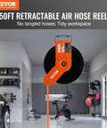 Retractable Air Hose Reel, 3/8 IN x 50 FT Hybrid Air Hose Max 300PSI, installed in garage, wall mount, single arm steel reel.