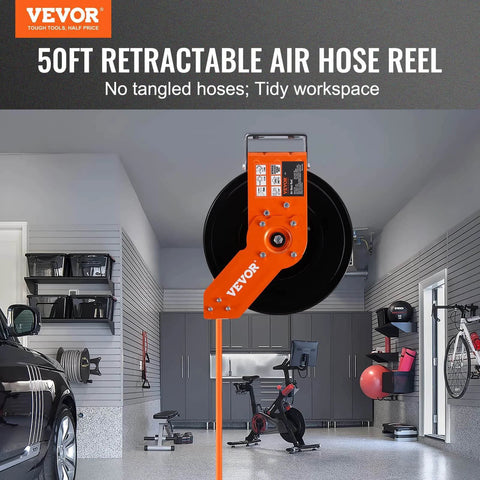 Retractable Air Hose Reel, 3/8 IN x 50 FT Hybrid Air Hose Max 300PSI, installed in garage, wall mount, single arm steel reel.