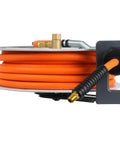 Side view of Retractable Air Hose Reel With Three Eighths Inch By Fifty Foot Hybrid Hose Auto Rewind 300 PSI All Weather Flex Ceiling Or Wall Mount Heavy Duty Air Tool For Home Garage Or Workshop