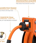 Retractable Air Hose Reel With 180 Degree Swivel Bracket For Ceiling Or Wall Mount Three Eighths Inch By Fifty Foot Hybrid Hose Heavy Duty Industrial Air Compressor Reel With Auto Rewind And 300 PSI Capacity No More Cluttered Hoses, close-up view of hose stopper and NPT connectors.