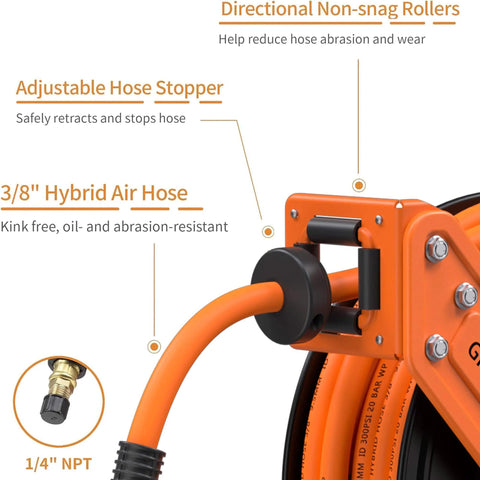 Retractable Air Hose Reel With 180 Degree Swivel Bracket For Ceiling Or Wall Mount Three Eighths Inch By Fifty Foot Hybrid Hose Heavy Duty Industrial Air Compressor Reel With Auto Rewind And 300 PSI Capacity No More Cluttered Hoses, close-up view of hose stopper and NPT connectors.