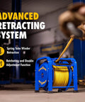 Retractable Air Hose Reel 3/8 Inch By 100 Feet, 300 PSI, Steel Spring Driven Frame in blue with yellow hose emphasized in bold text