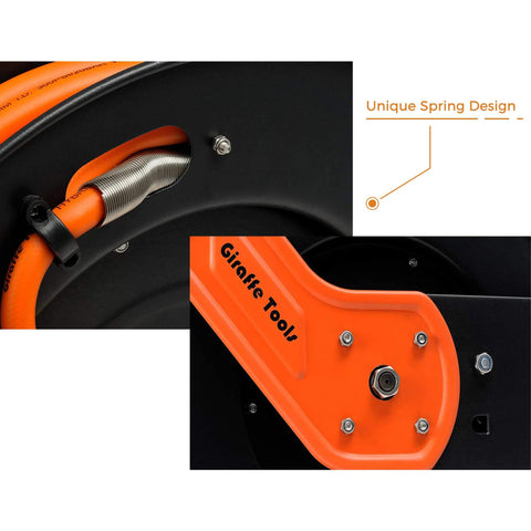 Close-up view of Retractable Three Eighth Inch By Fifty Foot Air Hose Reel With Auto Rewind Hybrid Hose 300 PSI Max Ceiling Or Wall Mount