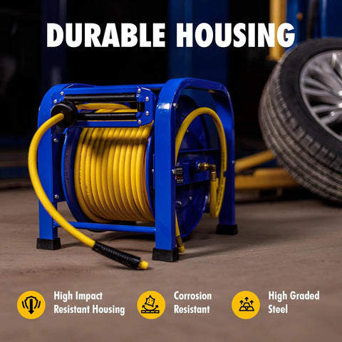 Retractable Air Hose Reel 3/8 Inch By 100 Feet, 300 PSI, Steel Spring Driven Frame, Built To Last Heavy Duty Industrial Hose Reel