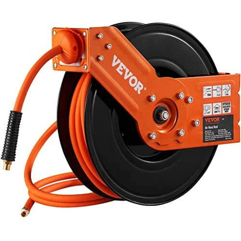 Retractable Air Hose Reel, 3/8 IN x 50 FT Hybrid Air Hose Max 300PSI, Air Compressor Hose Reel with 5 ft Lead in, Ceiling/Wall Mount Heavy Duty Single Arm Steel Reel