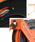 Close-up of Retractable Air Hose Reel With 180 Degree Swivel Bracket showing unique spring design and orange hybrid hose.
