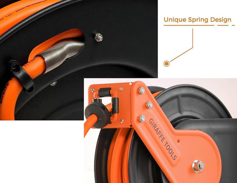 Close-up of Retractable Air Hose Reel With 180 Degree Swivel Bracket showing unique spring design and orange hybrid hose.